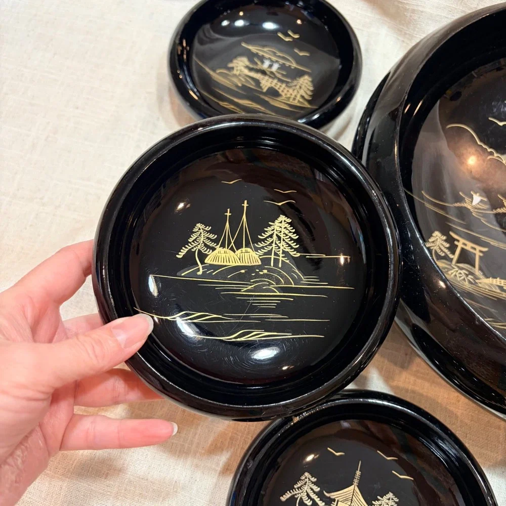 Vintage Japanese Black‎ Lacquerware Bowl Set 7pc Mt Fuji Pagoda Gold Landscape